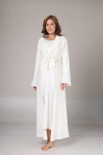 Jakar Sabahlıklı Uzun Kol Yumuşak Dokulu Lohusa Hamile Gecelik Takımı Ekru - 1031