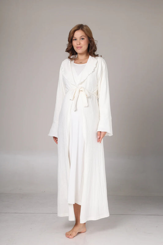 Jakar Sabahlıklı Uzun Kol Yumuşak Dokulu Lohusa Hamile Gecelik Takımı Ekru - 1031