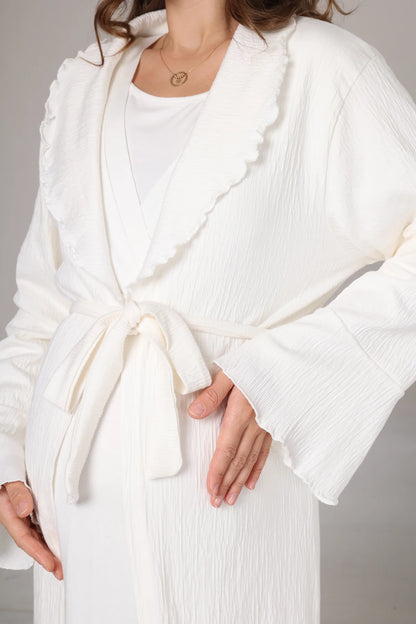 Jakar Sabahlıklı Uzun Kol Yumuşak Dokulu Lohusa Hamile Gecelik Takımı Ekru - 1031