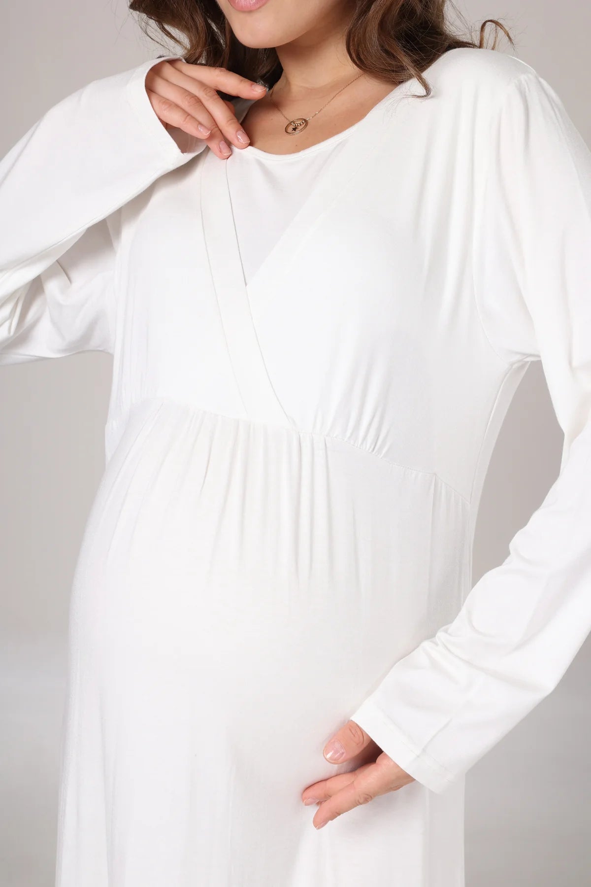 Jakar Sabahlıklı Uzun Kol Yumuşak Dokulu Lohusa Hamile Gecelik Takımı Ekru - 1031