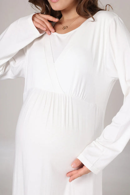 Jakar Sabahlıklı Uzun Kol Yumuşak Dokulu Lohusa Hamile Gecelik Takımı Ekru - 1031