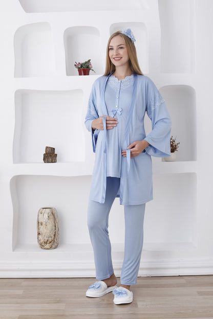 Önden Düğmeli Dantelli Sabahlıklı Lohusa Pijama Takımı - 3420