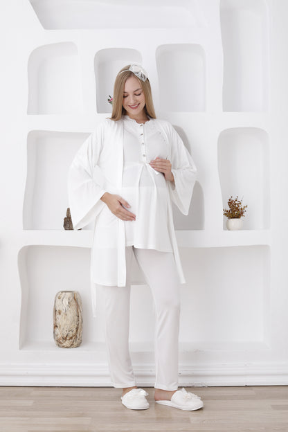 Önden Düğmeli Dantelli Sabahlıklı Lohusa Pijama Takımı - 3420
