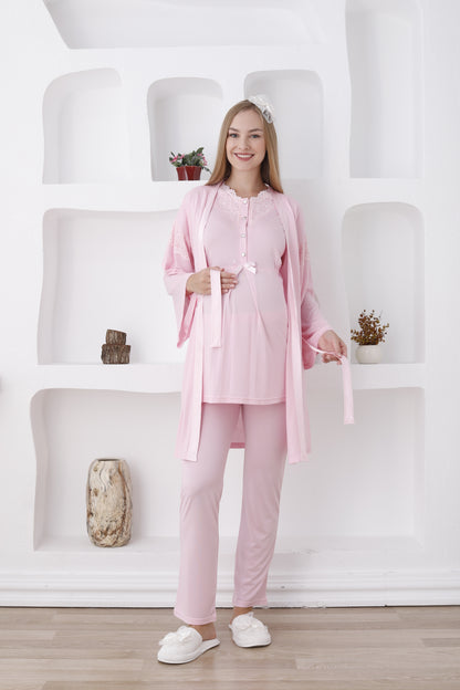 Önden Düğmeli Dantelli Sabahlıklı Lohusa Pijama Takımı - 3420