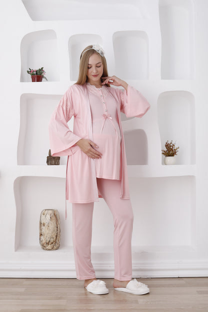 Önden Düğmeli Dantelli Sabahlıklı Lohusa Pijama Takımı - 3420