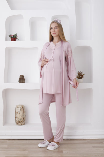 Önden Düğmeli Dantelli Sabahlıklı Lohusa Pijama Takımı - 3420