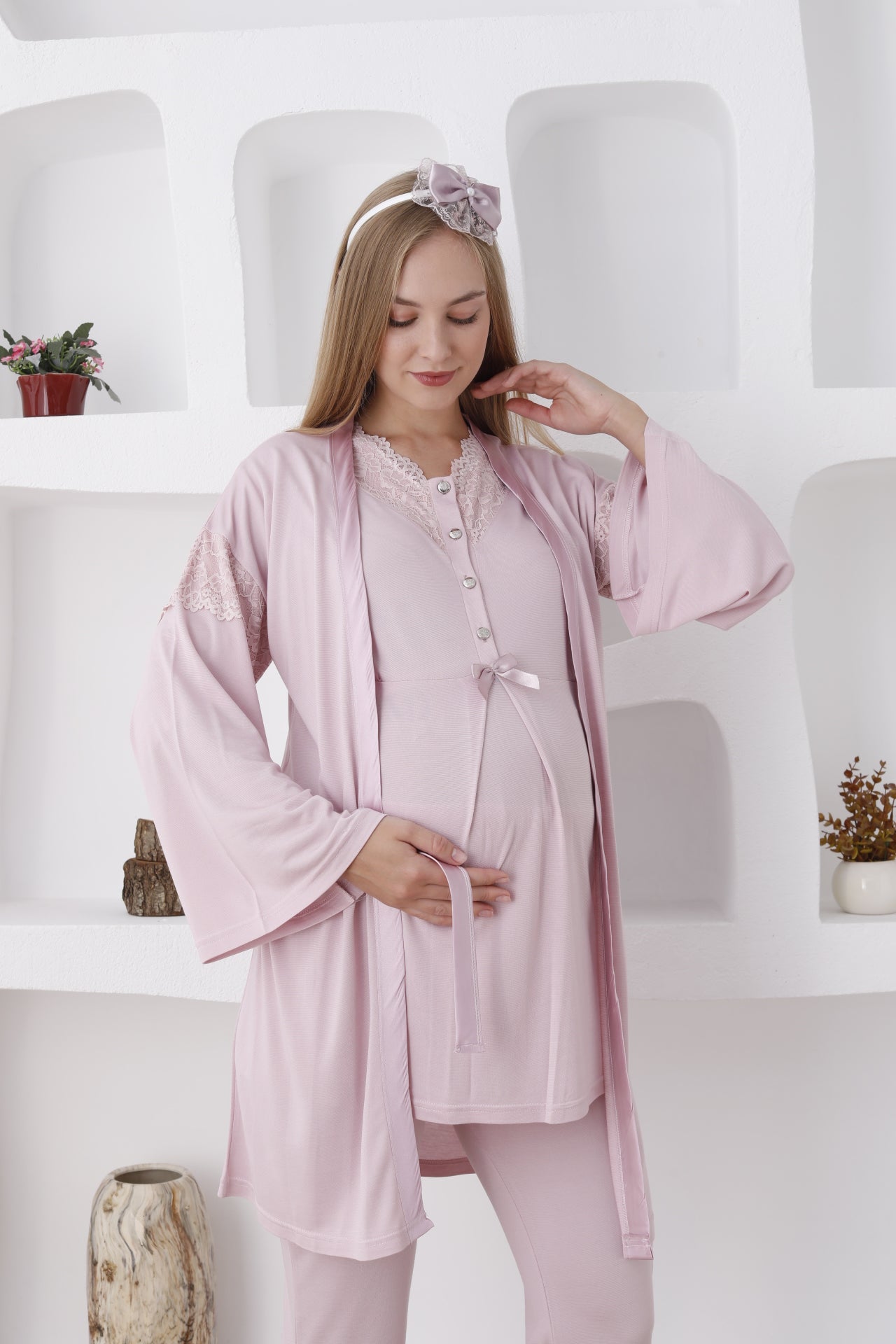 Önden Düğmeli Dantelli Sabahlıklı Lohusa Pijama Takımı - 3420