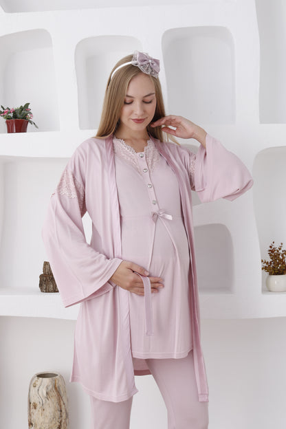 Önden Düğmeli Dantelli Sabahlıklı Lohusa Pijama Takımı - 3420
