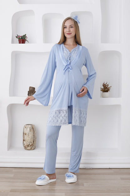 Dantelli Yaka Sabahlıklı Lohusa Pijama Takımı - 3422