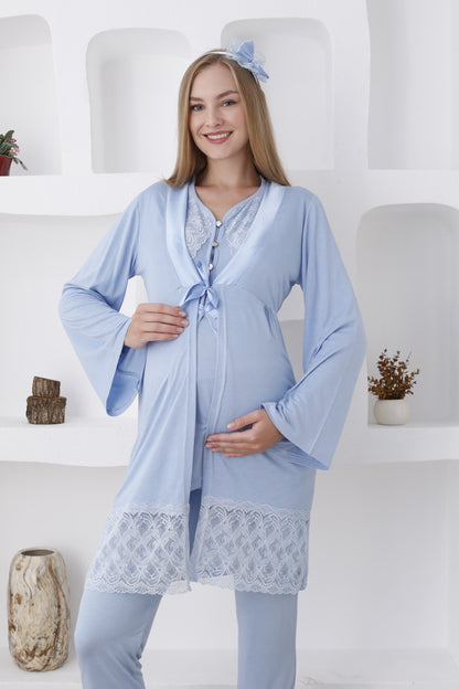 Dantelli Yaka Sabahlıklı Lohusa Pijama Takımı - 3422