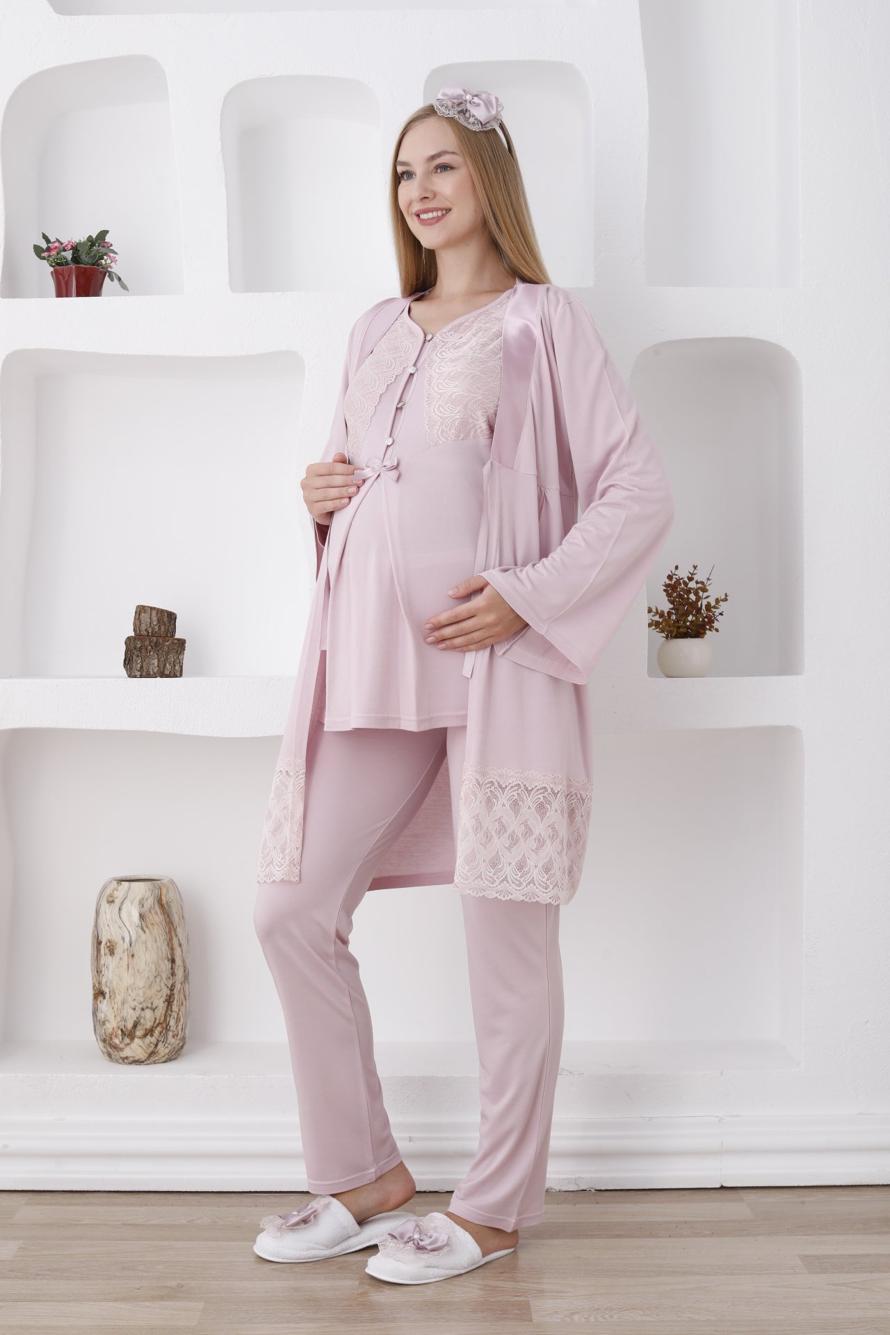 Dantelli Yaka Sabahlıklı Lohusa Pijama Takımı - 3422