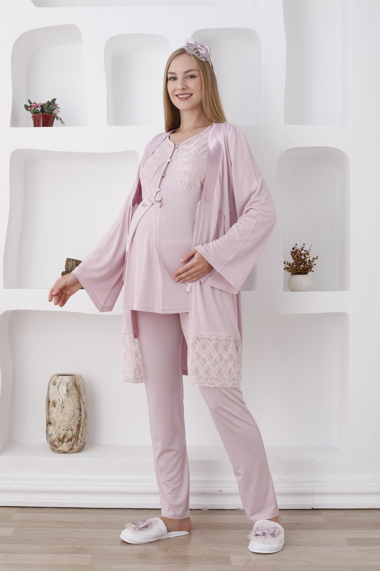 Dantelli Yaka Sabahlıklı Lohusa Pijama Takımı - 3422