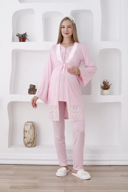 Dantelli Yaka Sabahlıklı Lohusa Pijama Takımı - 3422