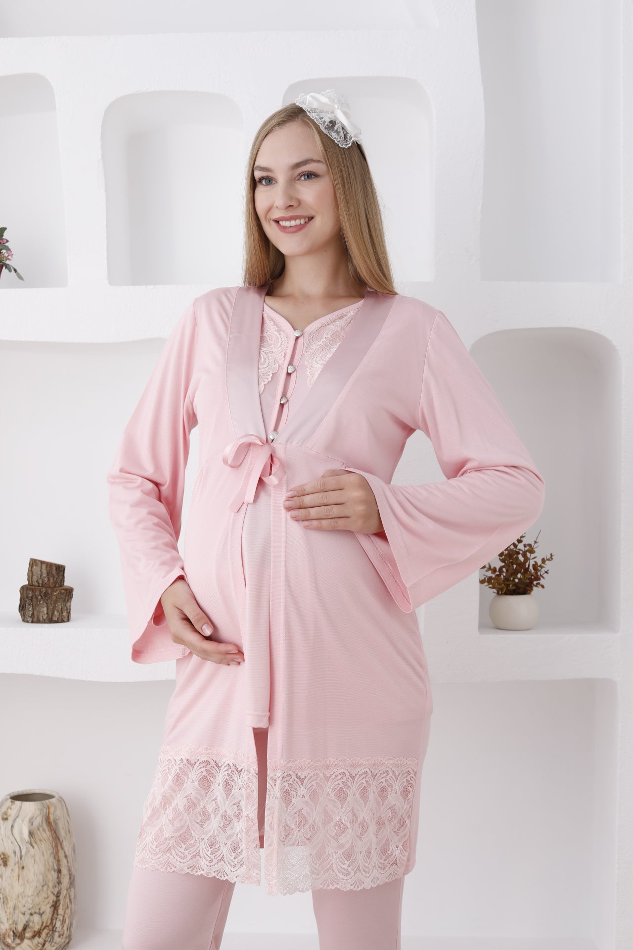 Dantelli Yaka Sabahlıklı Lohusa Pijama Takımı - 3422