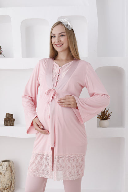 Dantelli Yaka Sabahlıklı Lohusa Pijama Takımı - 3422