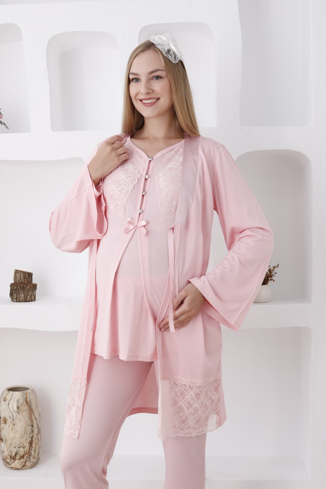 Dantelli Yaka Sabahlıklı Lohusa Pijama Takımı - 3422