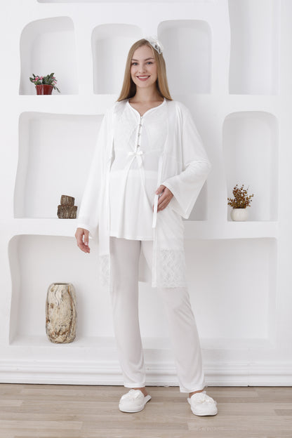 Dantelli Yaka Sabahlıklı Lohusa Pijama Takımı - 3422