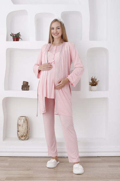 Önden Düğmeli Dantelli Sabahlıklı Lohusa Pijama Takımı - 3423