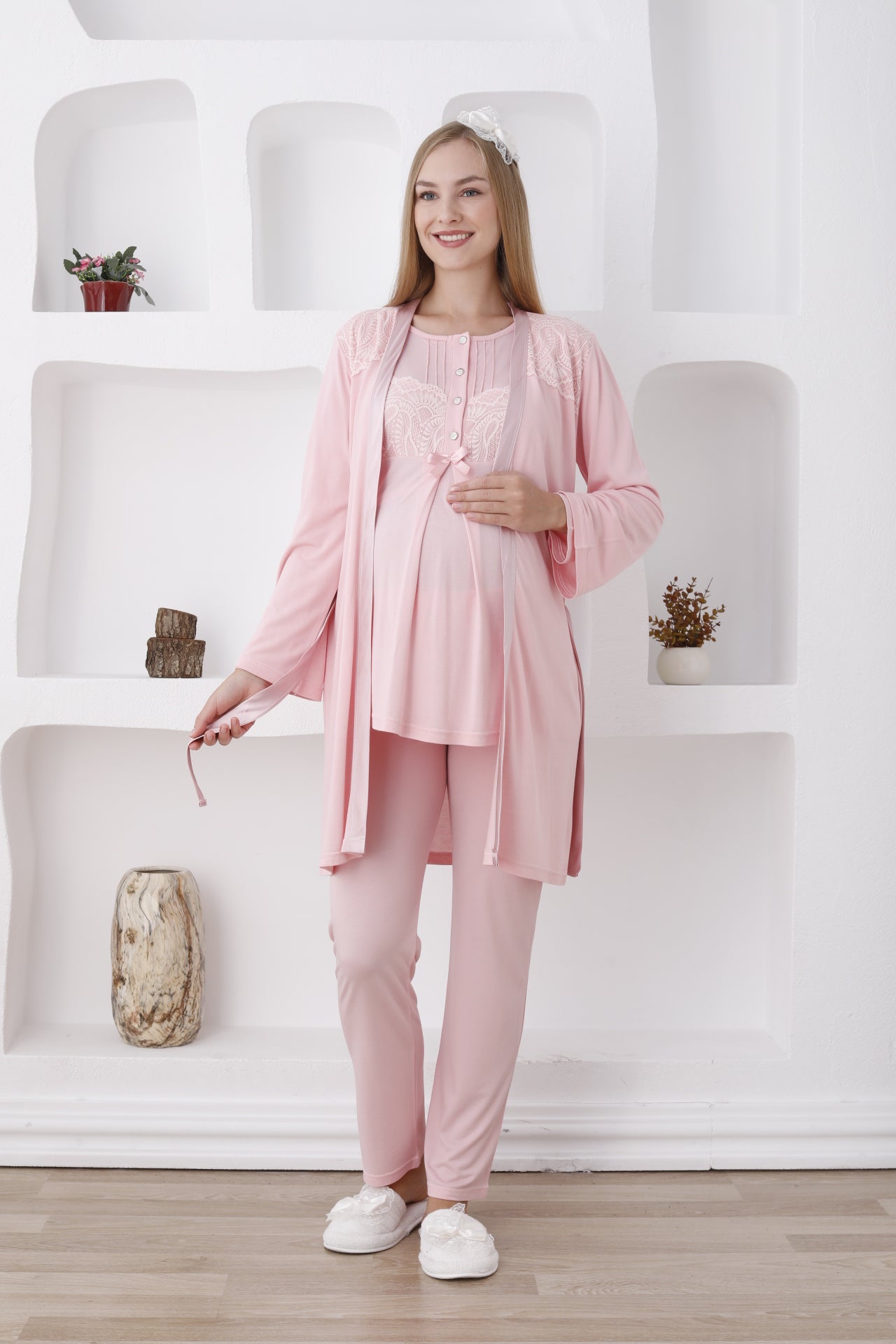 Önden Düğmeli Dantelli Sabahlıklı Lohusa Pijama Takımı - 3423