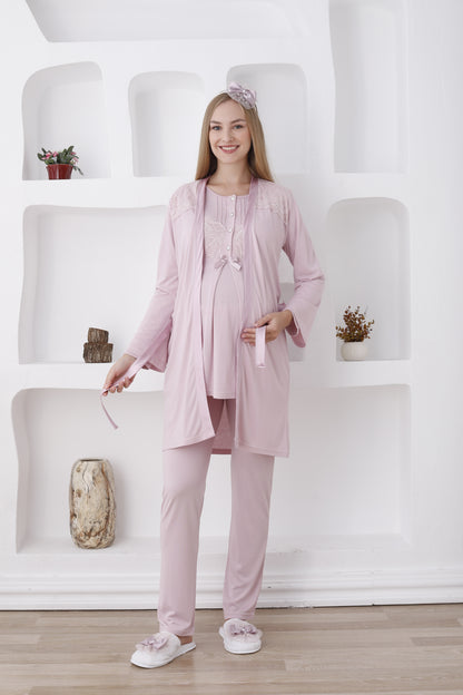 Önden Düğmeli Dantelli Sabahlıklı Lohusa Pijama Takımı - 3423