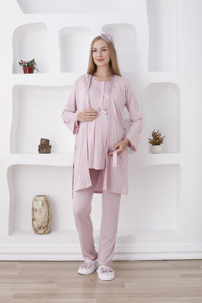 Önden Düğmeli Dantelli Sabahlıklı Lohusa Pijama Takımı - 3423