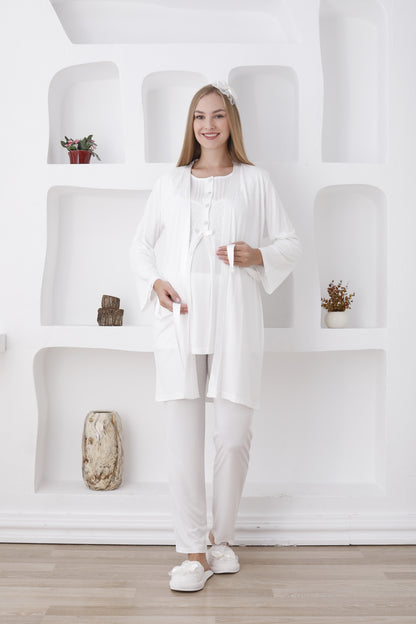 Önden Düğmeli Dantelli Sabahlıklı Lohusa Pijama Takımı - 3423