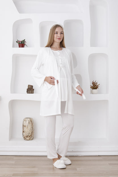 Önden Düğmeli Dantelli Sabahlıklı Lohusa Pijama Takımı - 3423