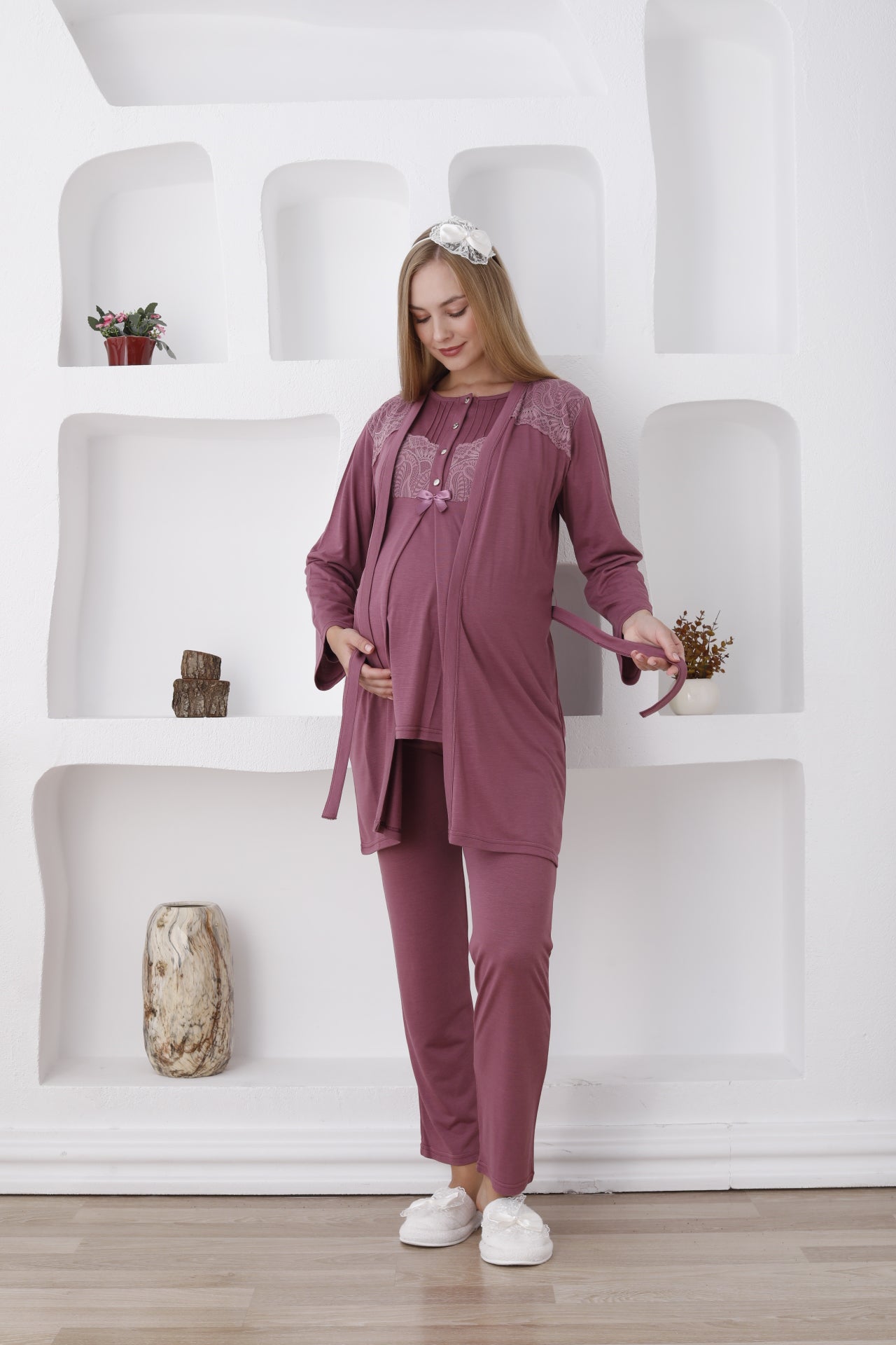 Önden Düğmeli Dantelli Sabahlıklı Lohusa Pijama Takımı - 3423