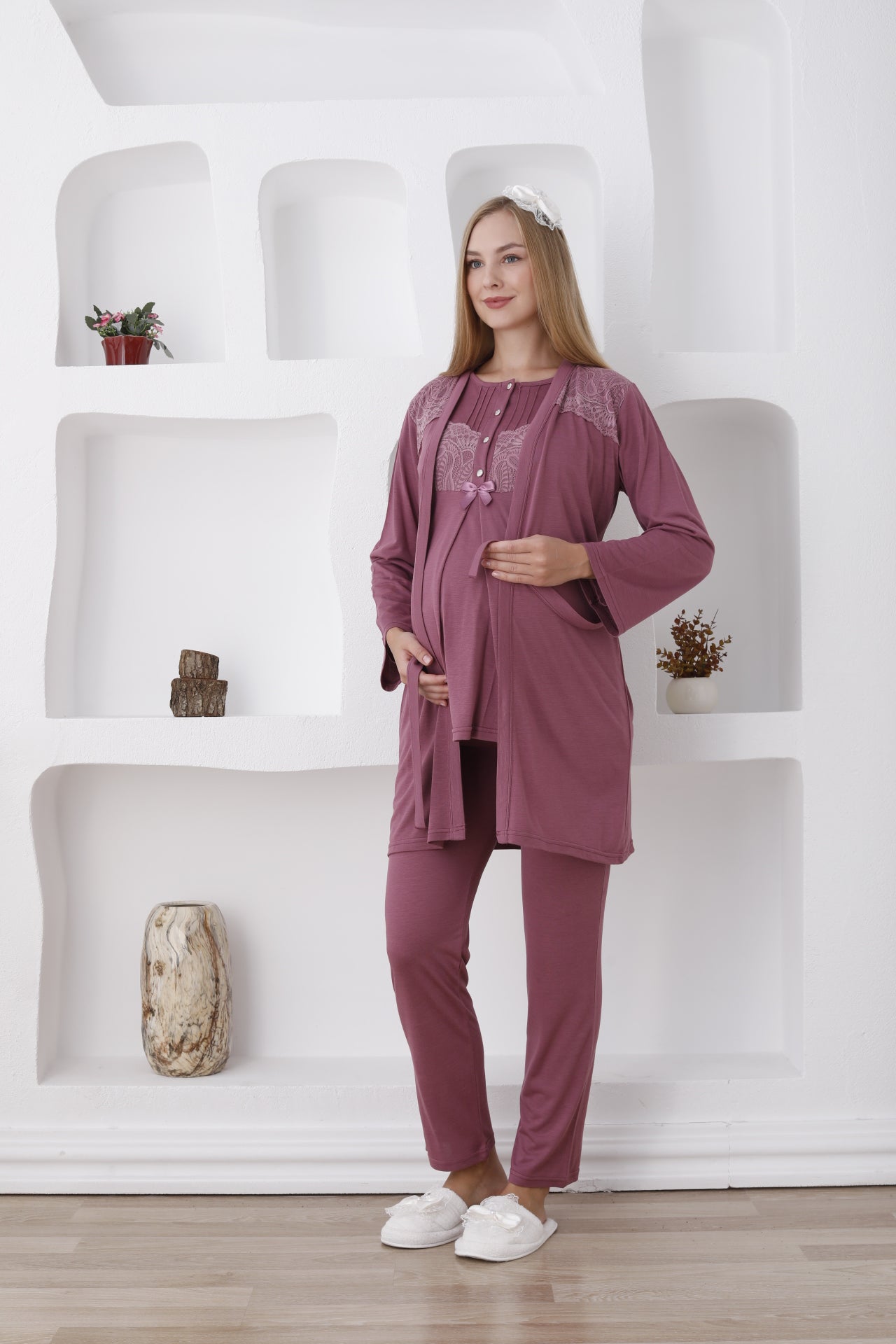 Önden Düğmeli Dantelli Sabahlıklı Lohusa Pijama Takımı - 3423