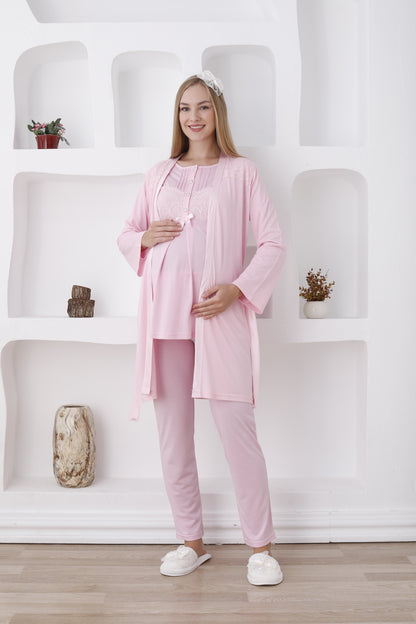 Önden Düğmeli Dantelli Sabahlıklı Lohusa Pijama Takımı - 3423