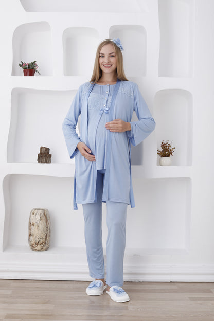 Önden Düğmeli Dantelli Sabahlıklı Lohusa Pijama Takımı - 3423