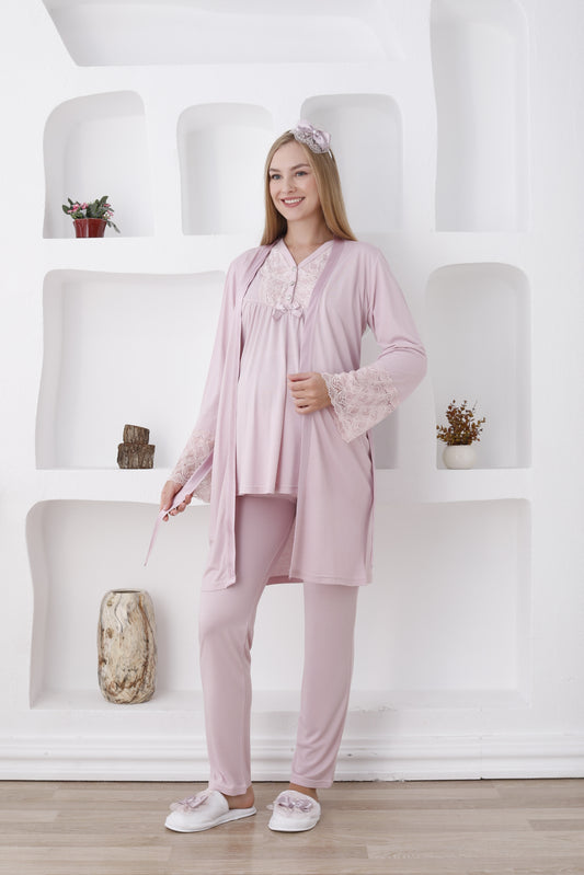 Dantel Detaylı Önden Düğmeli  Sabahlıklı Lohusa Hamile Pijama Takımı - 3424