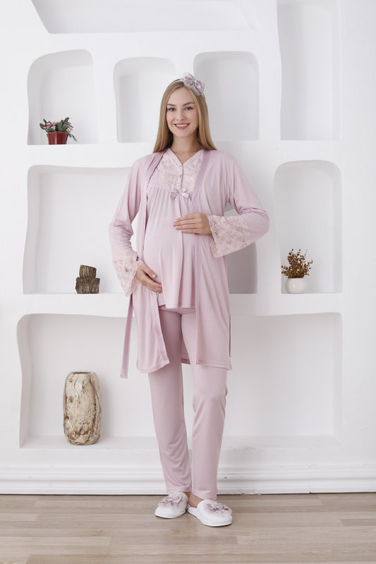 Dantel Detaylı Önden Düğmeli  Sabahlıklı Lohusa Hamile Pijama Takımı - 3424