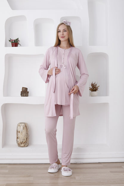 Önden Düğmeli Güpürlü Sabahlıklı Lohusa Pijama Takımı - 3425