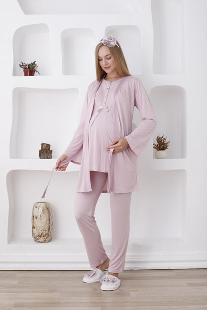 Önden Düğmeli Güpürlü Sabahlıklı Lohusa Pijama Takımı - 3425