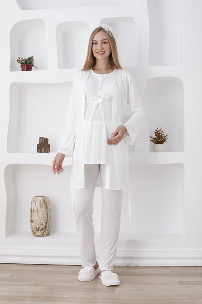 Önden Düğmeli Güpürlü Sabahlıklı Lohusa Pijama Takımı - 3425