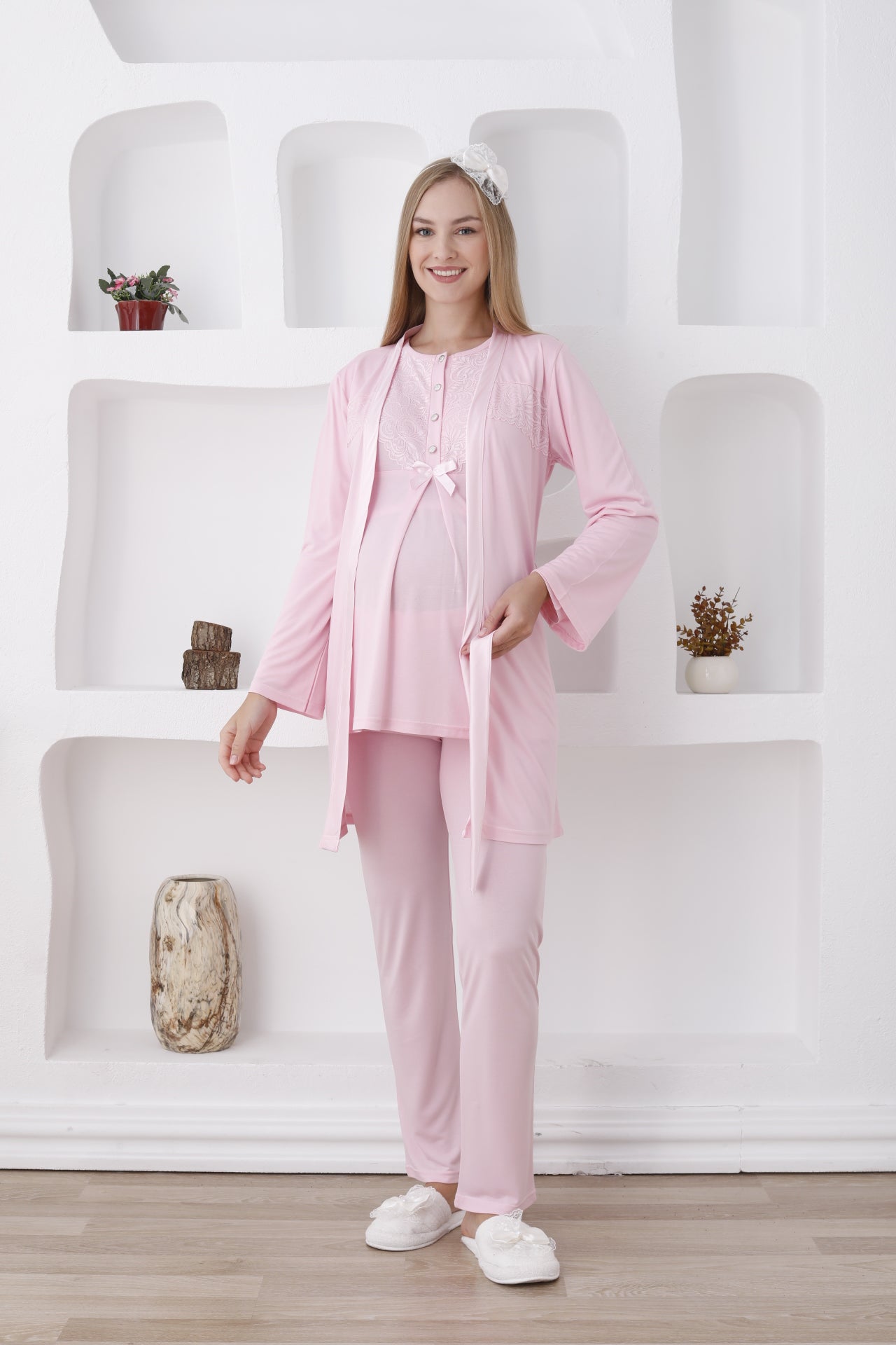 Önden Düğmeli Güpürlü Sabahlıklı Lohusa Pijama Takımı - 3425