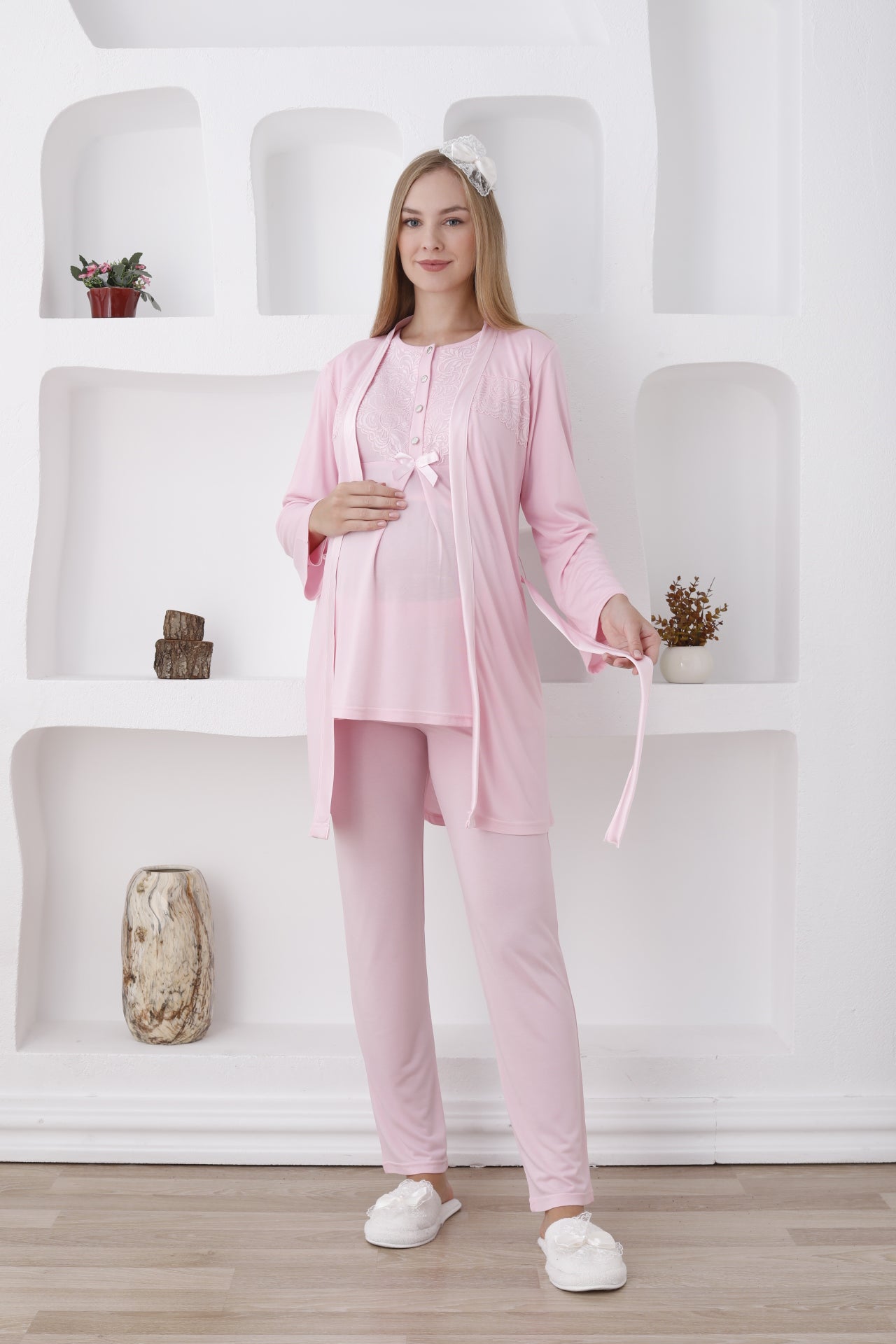 Önden Düğmeli Güpürlü Sabahlıklı Lohusa Pijama Takımı - 3425