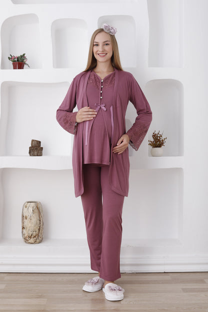 Güpürlü Dantelli Kol Sabahlıklı Lohusa Pijama Takımı - 3426