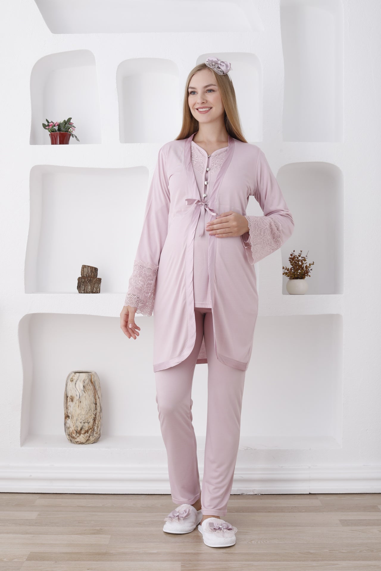 Güpürlü Dantelli Kol Sabahlıklı Lohusa Pijama Takımı - 3426