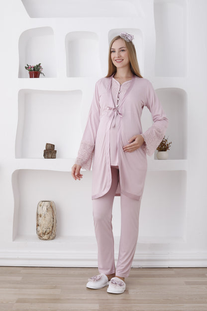 Güpürlü Dantelli Kol Sabahlıklı Lohusa Pijama Takımı - 3426