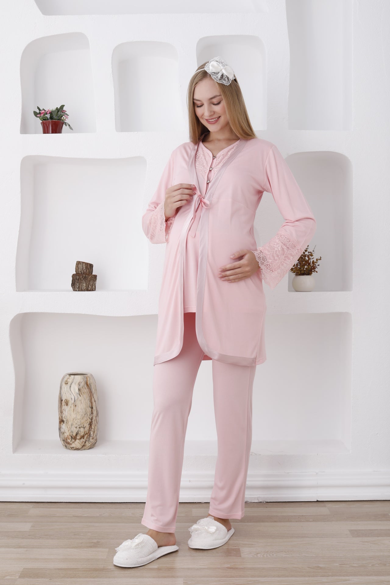 Güpürlü Dantelli Kol Sabahlıklı Lohusa Pijama Takımı - 3426