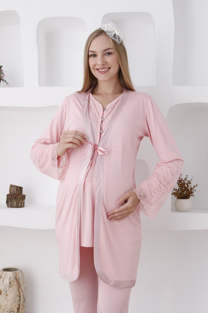 Güpürlü Dantelli Kol Sabahlıklı Lohusa Pijama Takımı - 3426