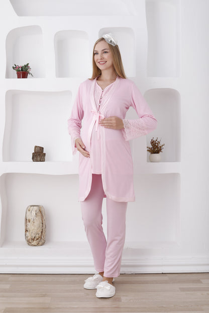 Güpürlü Dantelli Kol Sabahlıklı Lohusa Pijama Takımı - 3426