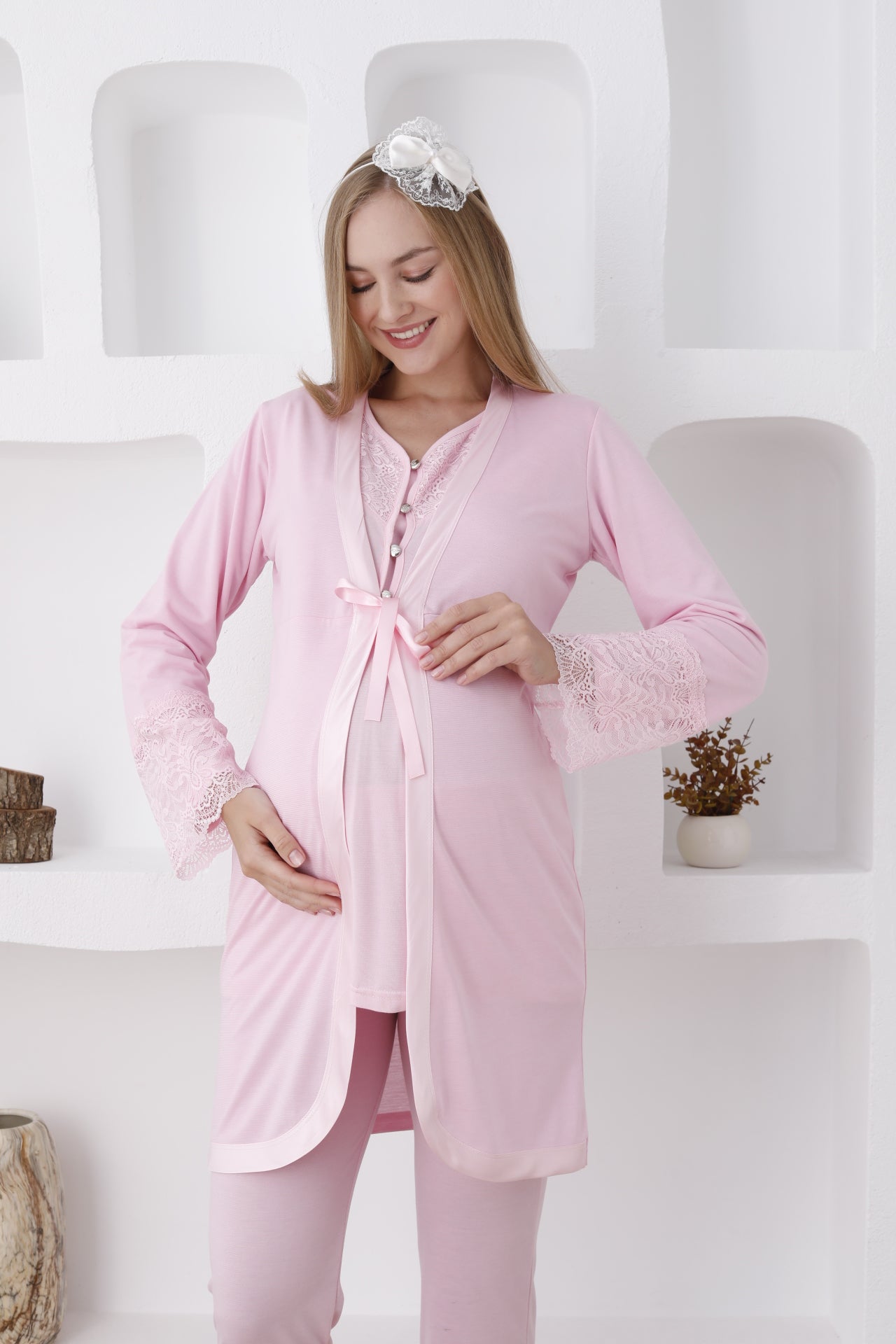 Güpürlü Dantelli Kol Sabahlıklı Lohusa Pijama Takımı - 3426