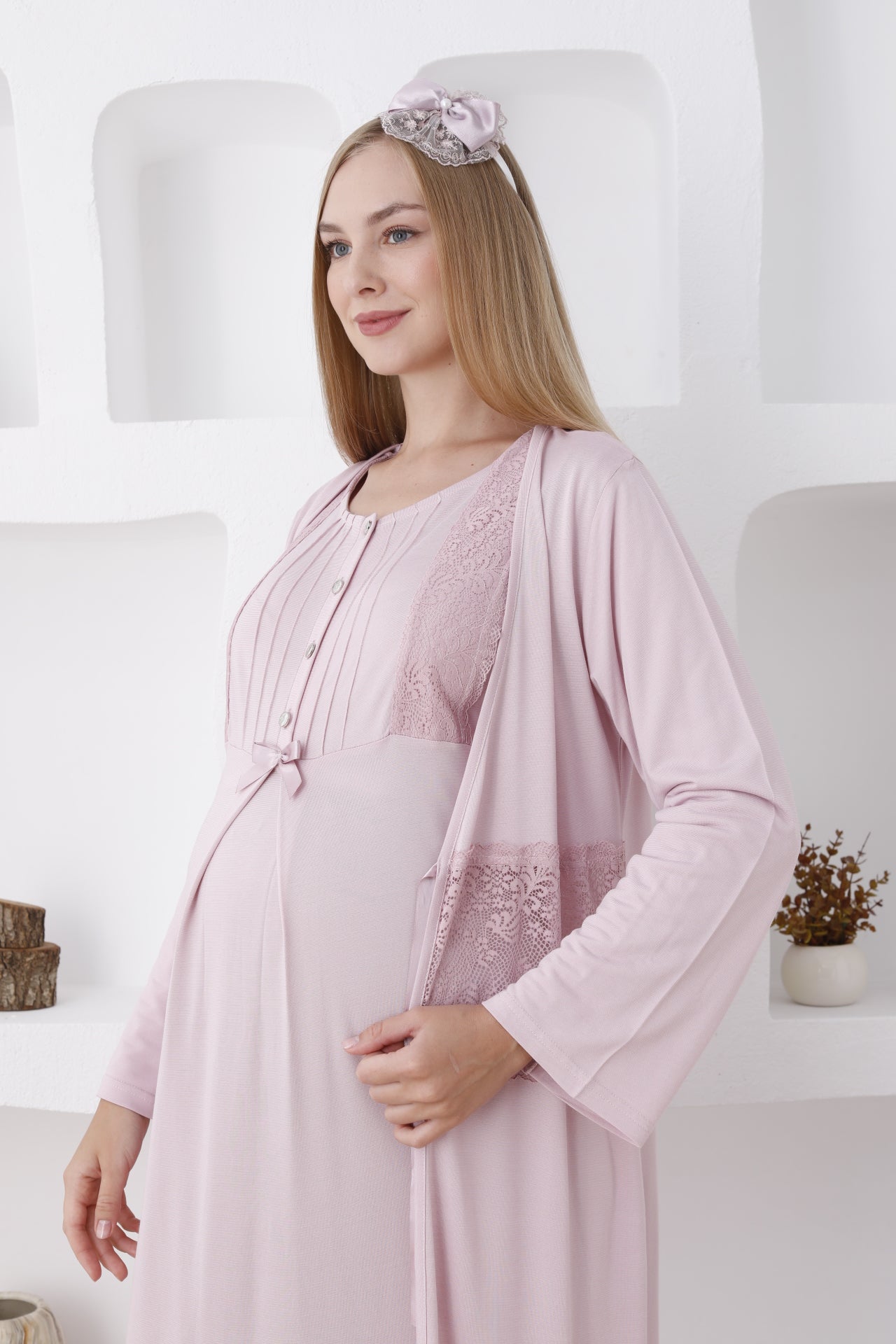 Dantelli Sabahlıklı Lohusa Gecelik Takımı - 2281