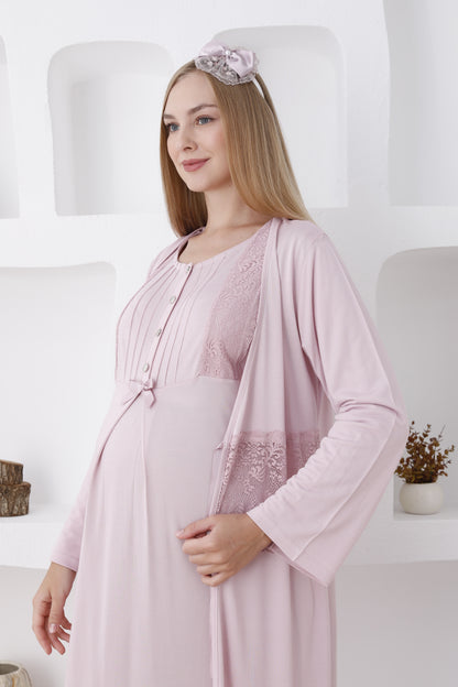 Dantelli Sabahlıklı Lohusa Gecelik Takımı - 2281