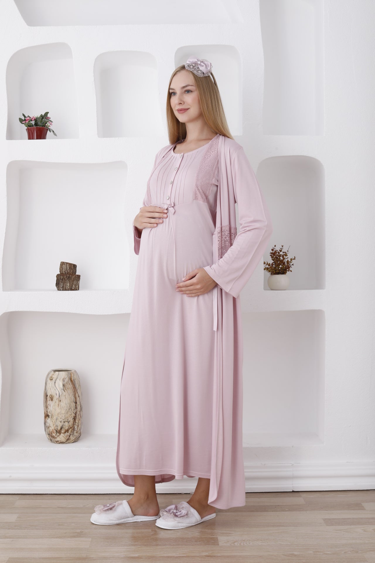 Dantelli Sabahlıklı Lohusa Gecelik Takımı - 2281