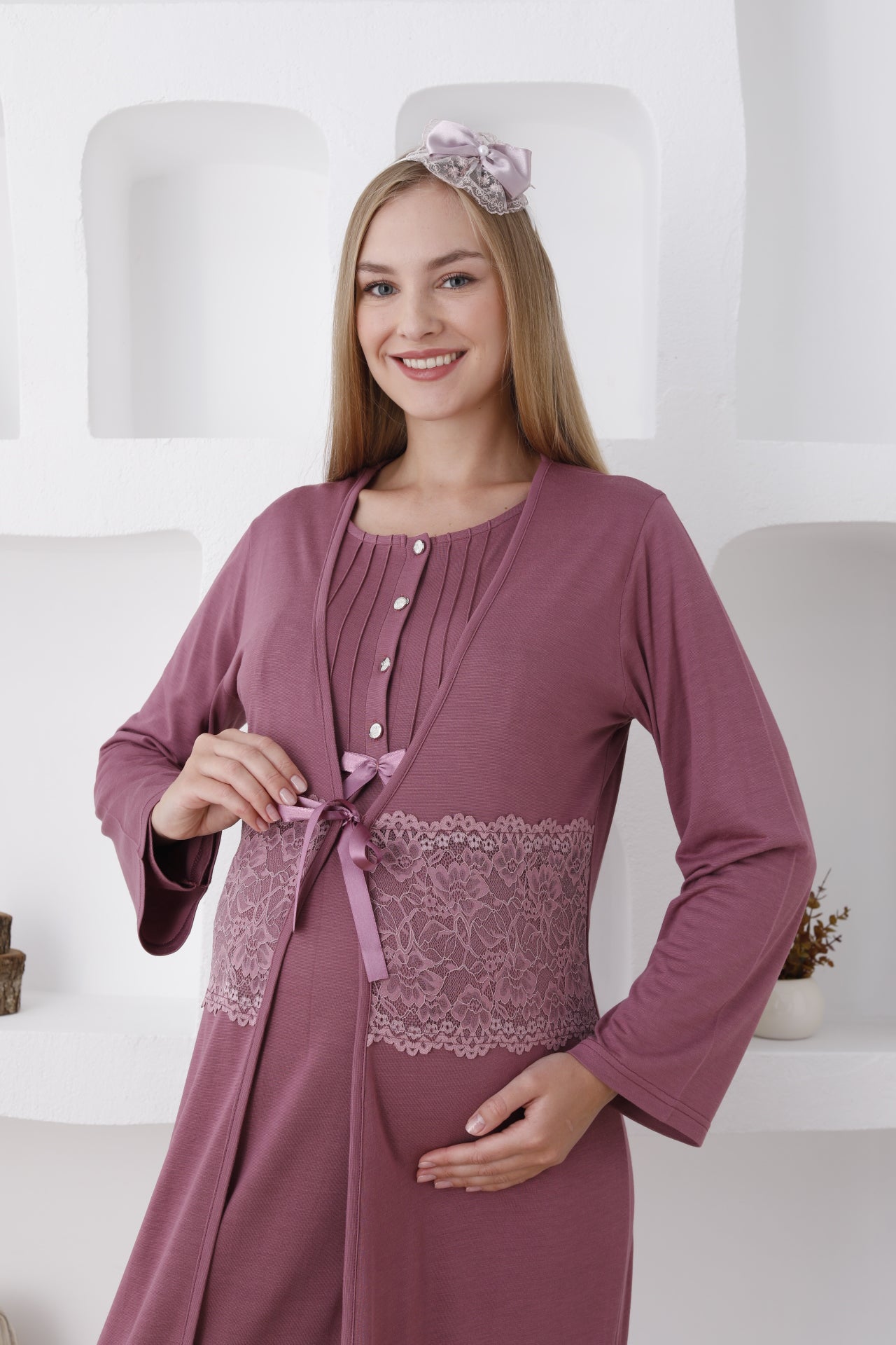 Dantelli Sabahlıklı Lohusa Gecelik Takımı - 2281