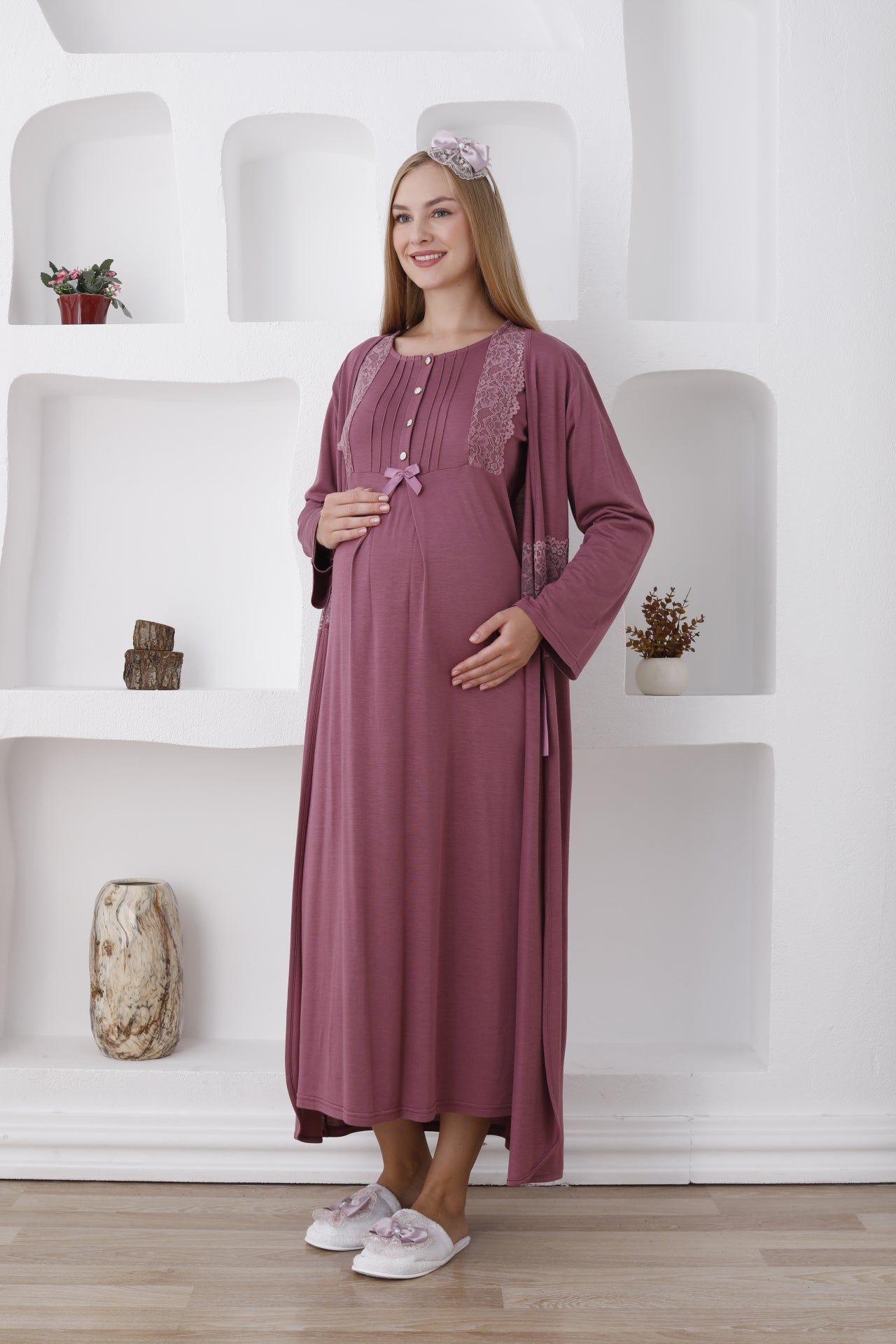 Dantelli Sabahlıklı Lohusa Gecelik Takımı - 2281